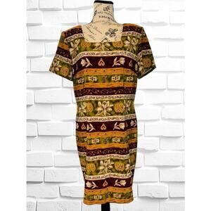 Sag Harbor Women’s Size 12 Striped Floral Shift Dress Short Sleeve Shoulder Pads